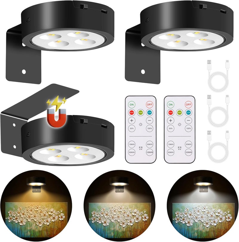 MIOBLUE 3Pack Rechargeable Battery Pictureainting Light with Remote Control Dimmable and Timer, Magnetic Art Display Puck Light 3 Lighting Modes for Paintings Wall Decor - Image 1